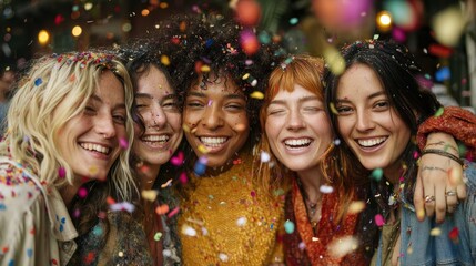 diverse group hugging with rainbow confetti falling