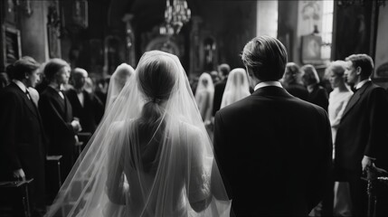 Fototapeta premium couple walking down aisle with both in suits and veils
