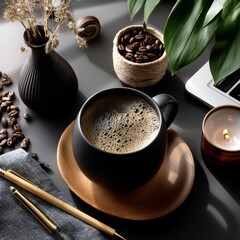 Aromatic Coffee Break in a Cozy Workspace Dark Mug and Beans Relaxing Atmosphere Warm Lighting Inviting Mood