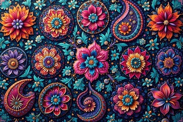 Intricate paisley floral pattern in vibrant hues, swirls, design element