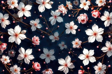Intricate repeating sakura pattern, white blossoms on dark background, black, blossom pattern
