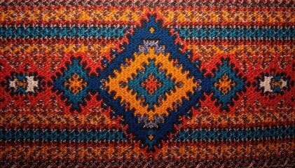 Fototapeta premium Intricate woven textile with bold geometric motifs, rich earthy tones, design, ochre