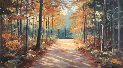 Obraz premium Sunlit Forest Path with Autumn Leaves