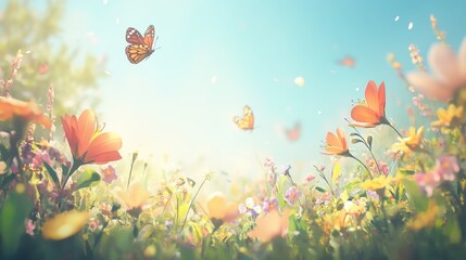 Naklejka premium background of a sunny meadow filled with blooming flowers and butterflies fluttering around, realistic style, bright natural lighting, cheerful and ecological atmosphere
