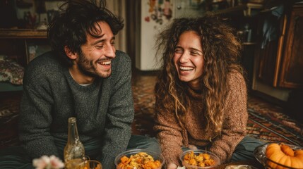 laughing couple sitting on the floor eating takeout food