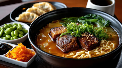 Delicious ramen bowl with tender pork, gyoza, edamame, and vibrant toppings