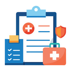 Medical clipboard features checklist, first aid kit, plus symbol, and shield icon