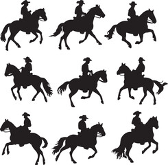 Cowboy Silhouette Vector Art: Western Horseback Riding Icons, Equestrian Design Elements, Ranch Lifestyle Graphics, Black and White Illustration