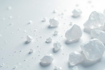 Sparkling white crystals scattered on pristine white backdrop, design, shine, iridescent