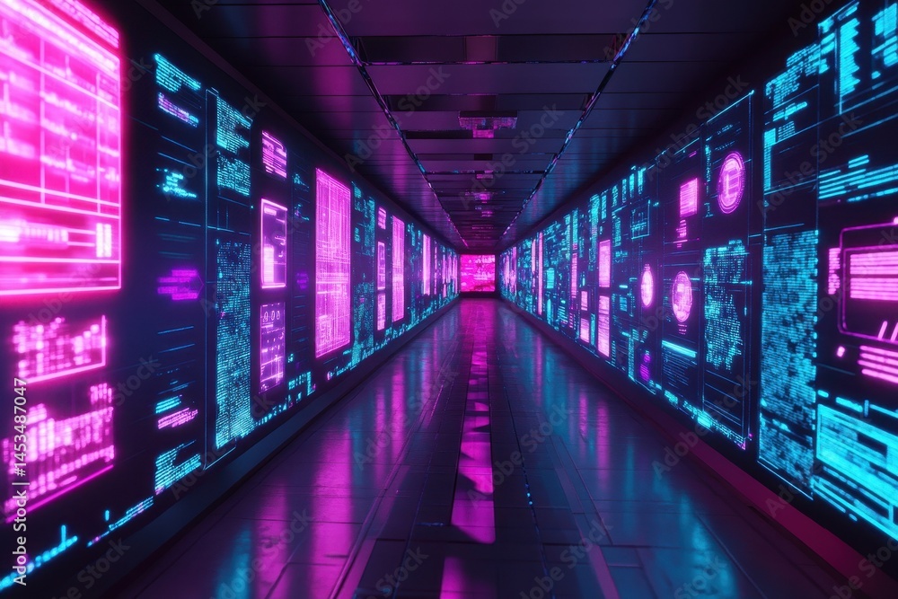 Poster futuristic hallway with glowing screens displaying vibrant digital information in a high-tech enviro