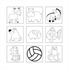 Cartoon Outlines Of Animals And A Ball Arranged In A Grid Pattern