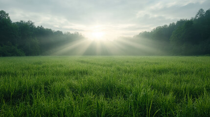 Fototapeta premium Lush green grass field with sunlight rays breaking through clouds, creating serene atmosphere