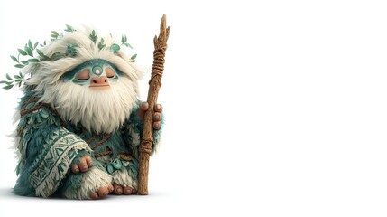 Friendly Cartoon Creature Holding Staff Surrounded by Nature Elements