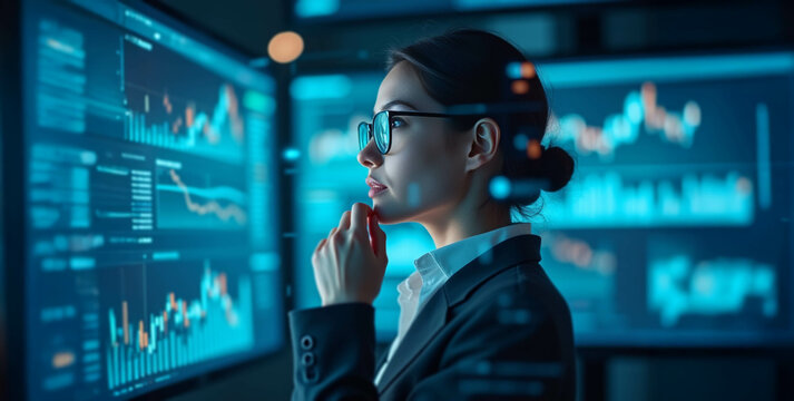 A super close-up of a thoughtful young female data analyst with floating holographic stock charts in a moody blue tech office.
