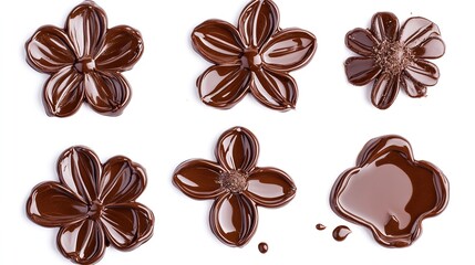 Chocolate Topping Set in Shape of Flowers, Melted, Isolated on White Background. Top View of Sweet Delights.