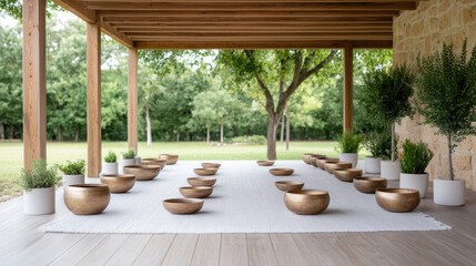 Fototapeta premium Serene meditation space with wooden bowls arranged on soft rug under canopy