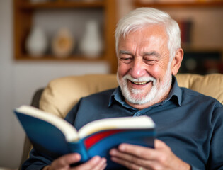 Elderly man smiling while reading book in cozy living room setting