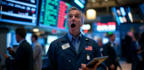 An energetic Wall Street trader reacts excitedly on a busy trading floor surrounded by glowing stock tickers and dynamic charts.