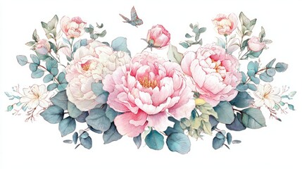 Fototapeta premium Delicate watercolor floral arrangement with pink peonies and eucalyptus leaves, soft pastel tones and artistic border, wedding-themed composition 