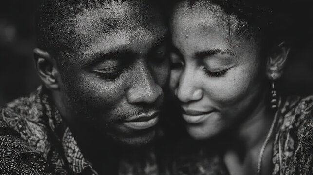 Fototapeta black and white photo of couple hugging with eyes closed
