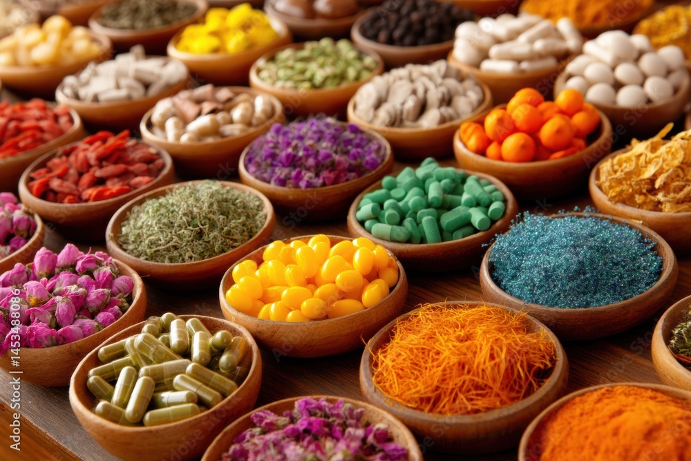 Aufkleber Bright Display of Herbal Medicines and Colorful Pills in Bowls on Wooden Surface at Local Market Generative AI