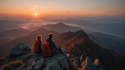 Fototapeta premium couple watching sunrise from mountain peak with backpacks