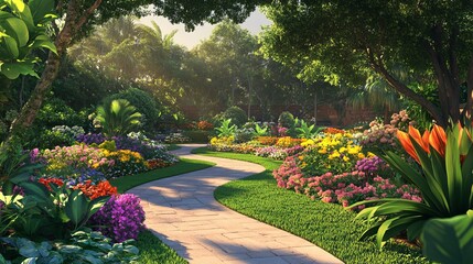 Obraz premium background of a well-maintained garden with colorful flower beds, pathways, and lush greenery, realistic style, soft lighting, peaceful and harmonious atmosphere