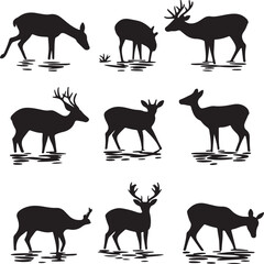 Deer Silhouette Vector Illustration: Set of 9 Black and White Deer Graphics for Wildlife, Nature, and Hunting Designs, Animal Clip Art