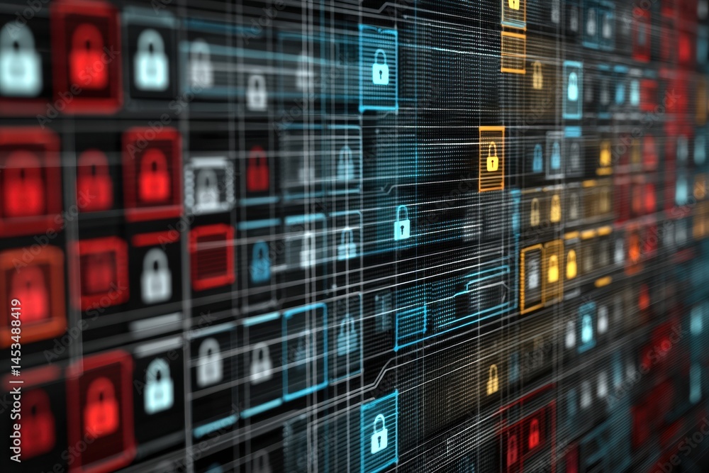 Poster Rising Tariffs Represented With Lock Icons on an Animated Digital Wall in a Financial Data Visualization Generative AI