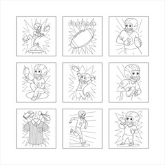 Fototapeta premium American Football Cartoon Outline Illustrations Set With Player Referee And Ball Coloring Page