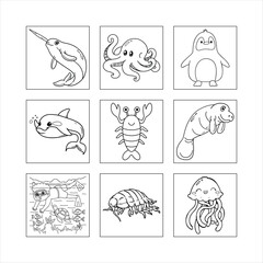Marine Life Animals Outlines For Kids Coloring Book With Narwhal Octopus And Penguin © MDMasudul