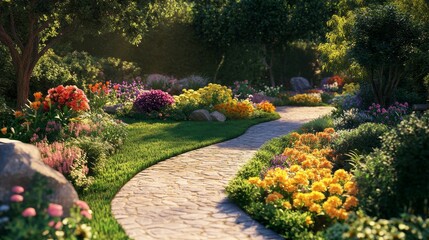 Obraz premium background of a well-maintained garden with colorful flower beds, pathways, and lush greenery, realistic style, soft lighting, peaceful and harmonious atmosphere