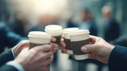 executives clinking coffee cups in agreement after a successful board vote