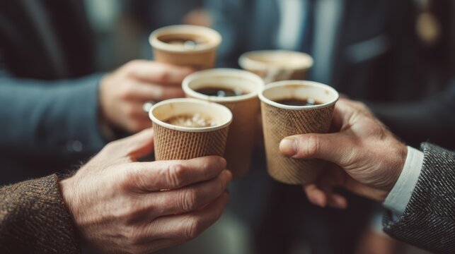 executives clinking coffee cups in agreement after a successful board vote
