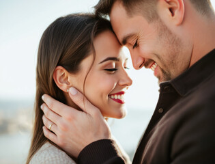 Fototapeta premium Close up of smiling couple with foreheads touching, expressing love and happiness