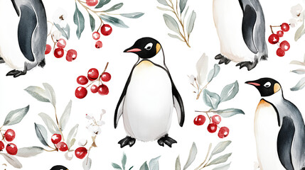 Obraz premium watercolor seamless pattern with penguins, red berries and green leaves, background winter decor, wrapping and fabric 