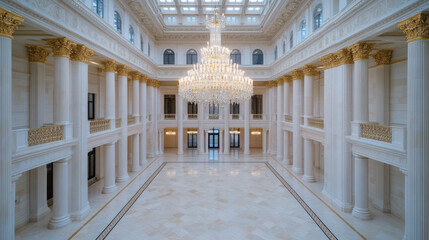 Fototapeta premium Luxurious chandelier hanging in ornate chamber with grand columns and marble flooring
