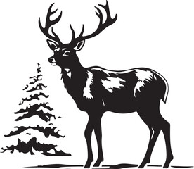 Majestic Stag Deer Silhouette Illustration: Black and White Vector Graphic of a Buck with Antlers Standing Near a Pine Tree for Wildlife Designs