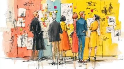 group of professionals standing around a wall covered in colorful sticky notes and sketches