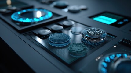 ultra-modern digital vault UI with biometric scan overlay and holographic tokens