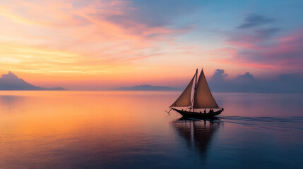 Fototapeta premium Sailboat gliding across calm waters at sunset, creating serene atmosphere