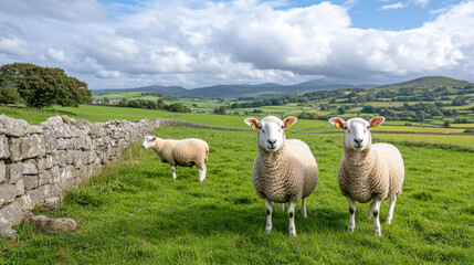 Naklejka premium Peaceful sheep grazing in lush green pasture with scenic stone wall and rolling hills