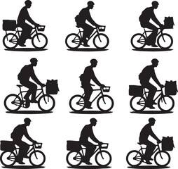 Obraz premium Silhouette Vector Art: Cyclist with Basket and Box on Bike - Delivery, Commuting, Transportation, Icon, Graphic Design Element