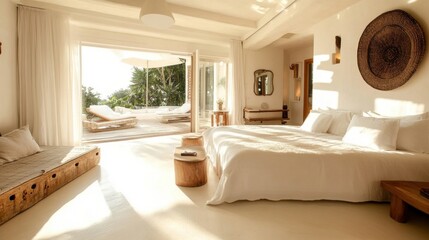 Fototapeta premium House interior backdrop, warm white bedroom with brilliant furnishings, natural wooden tables, contemporary style