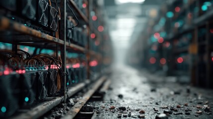 mechanical mining farm in warehouse with digital hash-rate overlay