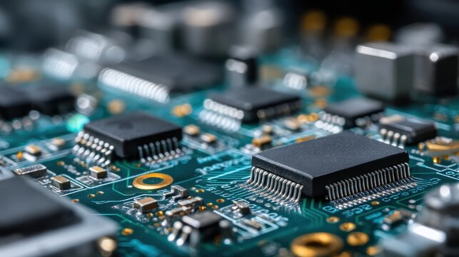 assembly of ASIC chips on circuit boards under blue accent lighting