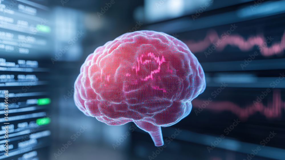 Poster digital brain visualization with data analysis background, representing emotions