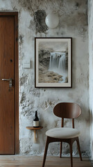 Serene waterfall scene framed on a textured wall accompanied by a chair and bottle on a small side table Rustic interi