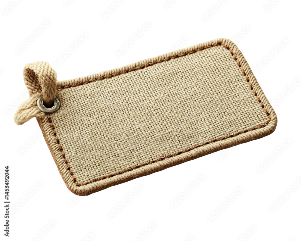 Poster beige rectangular fabric tag with rope loop on transparent background