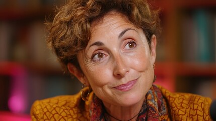 middle-aged woman in blazer speaking into webcam with blurred bookshelf background